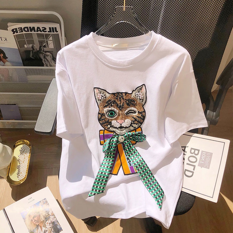 Áo thun nữ Pure Cube ngắn tay phối hình mèo thời trang cá tính