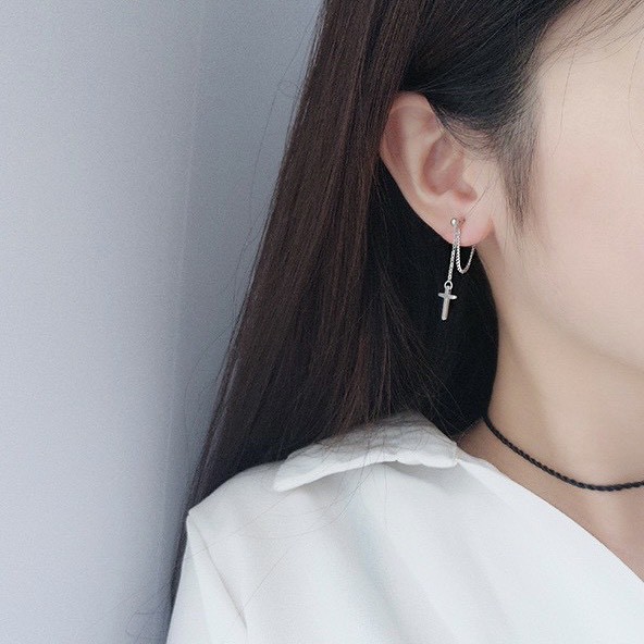 Bông tai bạc 925 Minh Tâm Jewelry, Khuyên tai bạc chữ Thập xi bạch kim cao cấp