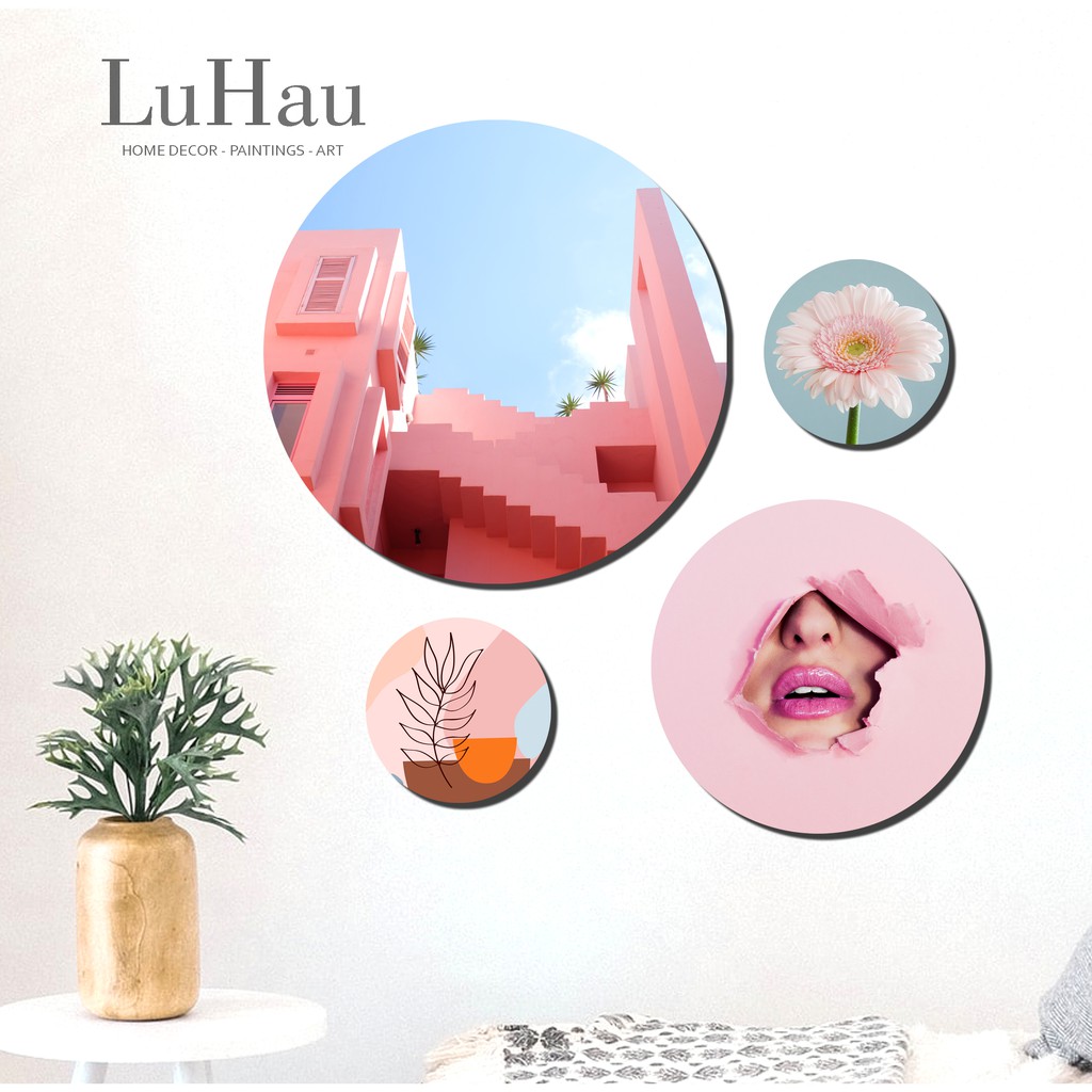 Set tranh tròn Luhau treo tường Pinky trang trí bàn làm việc, bàn học, tranh dán tường không cần khoan đục tường