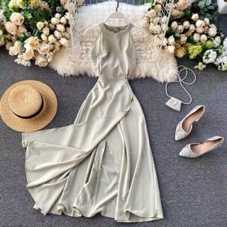 (ảnh thật)(sẵn đỏ L) Váy xoè cổ yếm hở eo xẻ tà tiểu thư vintage boho sang trọng mang đi tiệc đi chơi