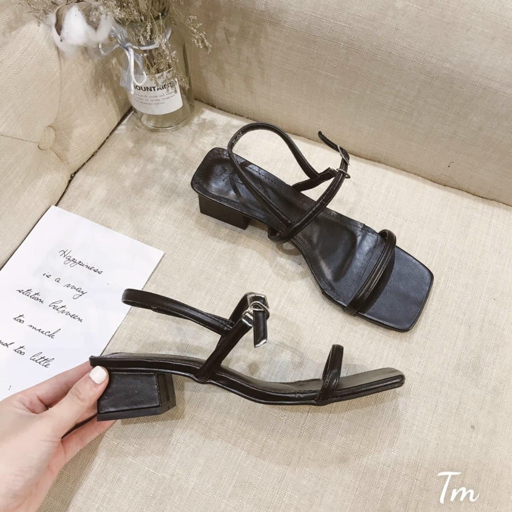 Sandal quai mảnh 2 cầu mũi vuông đen nâu gót trụ thấp - 3P