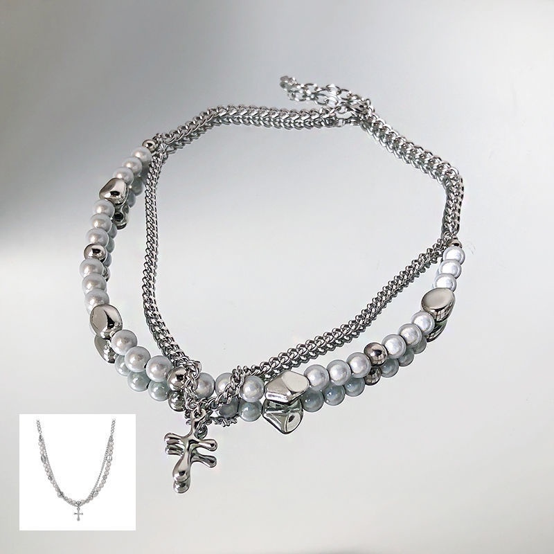 Vòng cổ Hai Lớp Đính Hạt Chữ Thập Phong Cách Hip hop Dành Cho Cặp Đôi