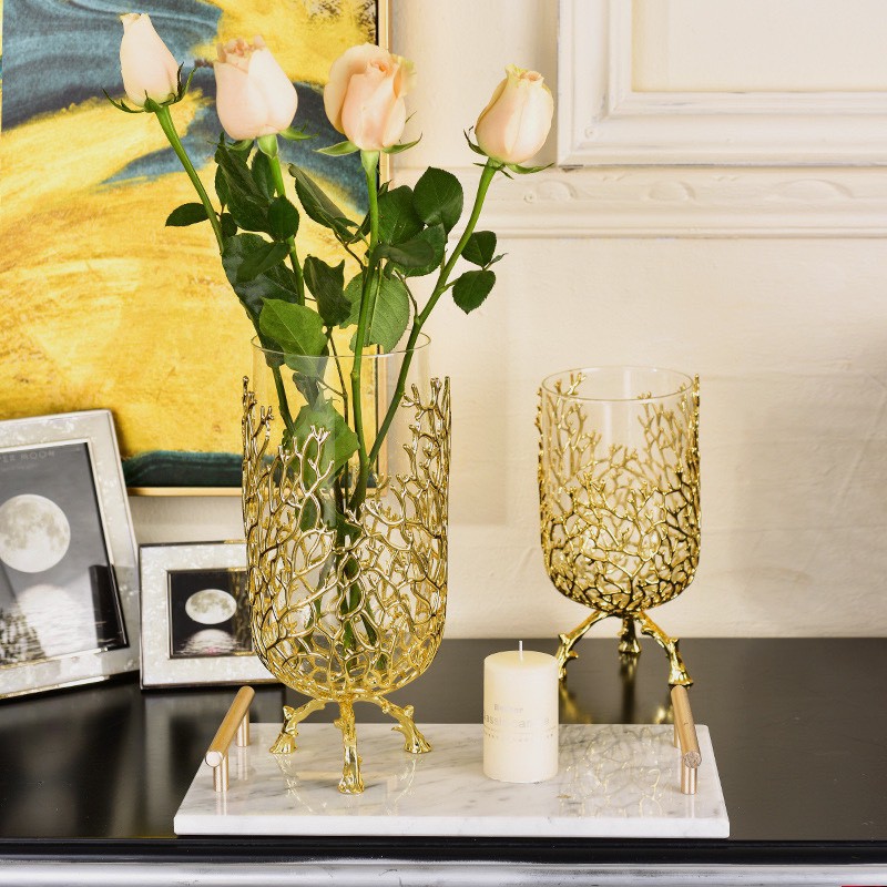 Decor đẹp - Bình hoa cao cấp, chất liệu thủy tinh và kẽm mạ vàng, trang trí rất đẹp