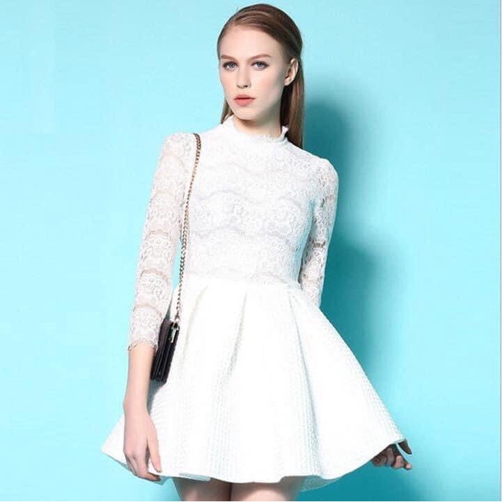 XY792 - Đầm xòe tay lỡ phối ren thu đông hàng nhập