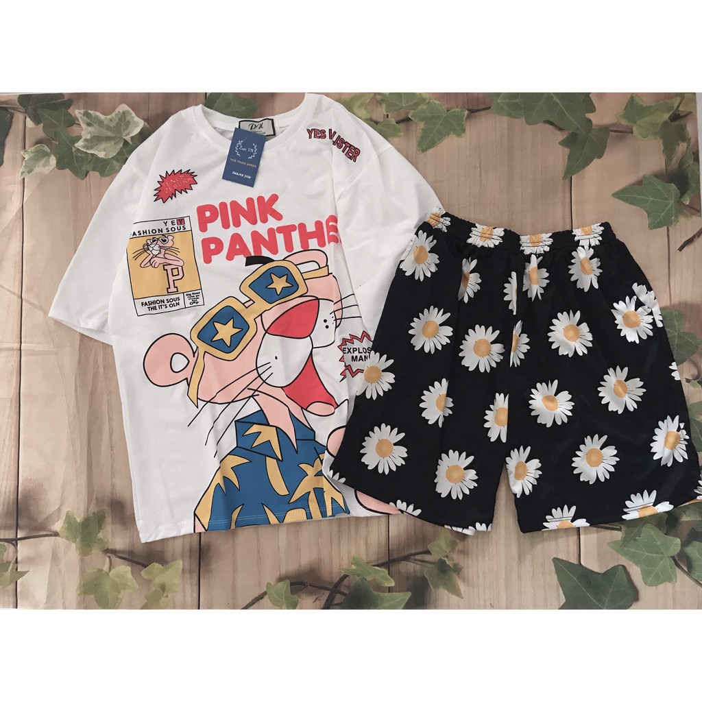 Set Đồ Bộ In Hình Chú Báo Hồng- the pink panther cartoon 3D Cute DB45-Lapi VN Áo+ Quần Đùi Vải Thun Cotton Thoáng Mát