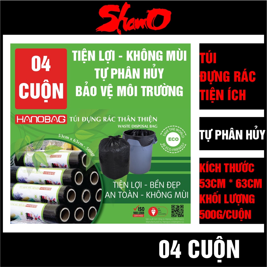 [04 cuộn] Cuộn túi rác đen (KT: 53cm x 63cm x 500g) – Màu đen – Túi dày sạch không mùi – Xé tay tiện lợi – Tự phân hủy