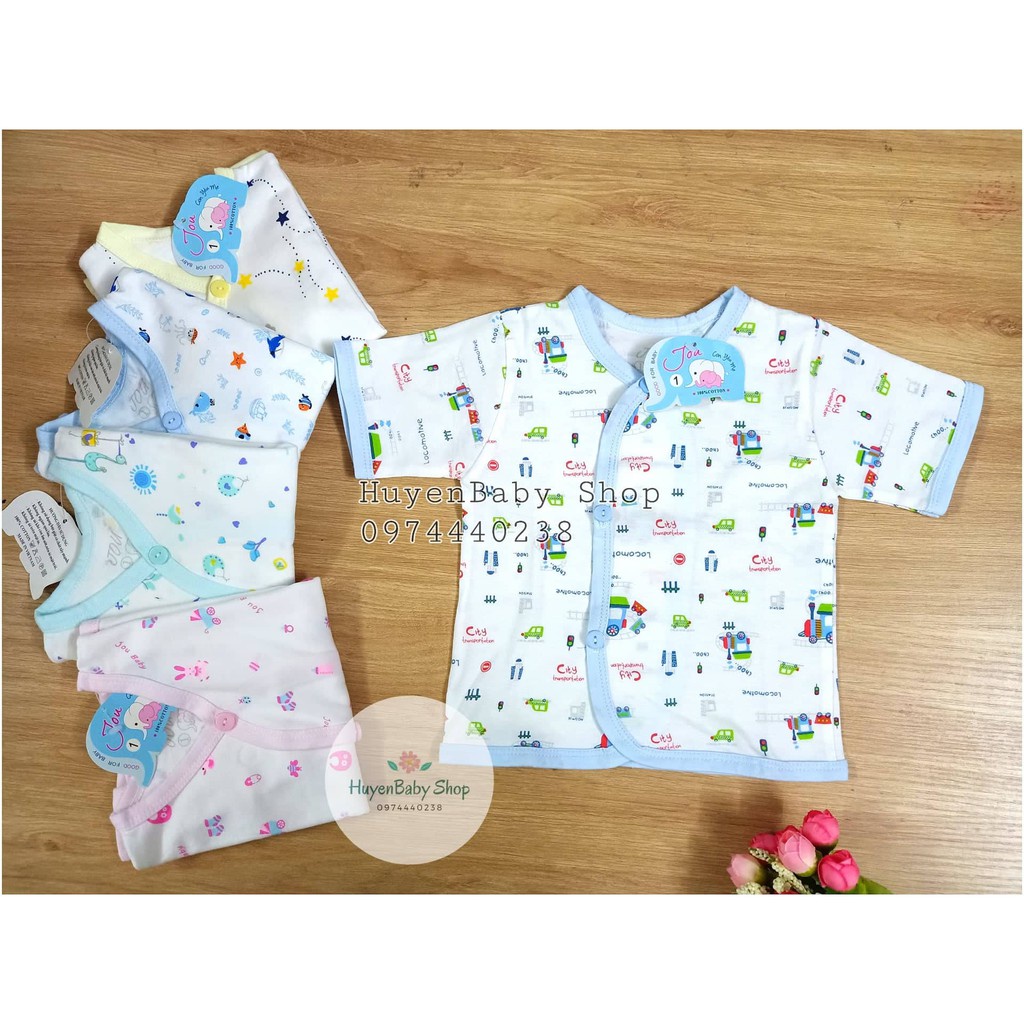 (Hàng loại 1) Combo 5 áo sơ sinh cotton tay ngắn cài nút xéo họa tiết JOU (hàng xưởng may Việt Nam)