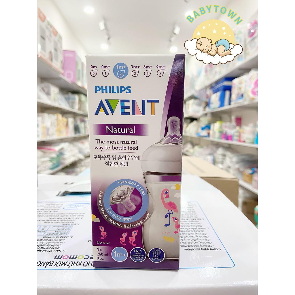 Bình sữa Philips Avent Natural 260ml hoạ tiết Chim Hạc và Hà Mã