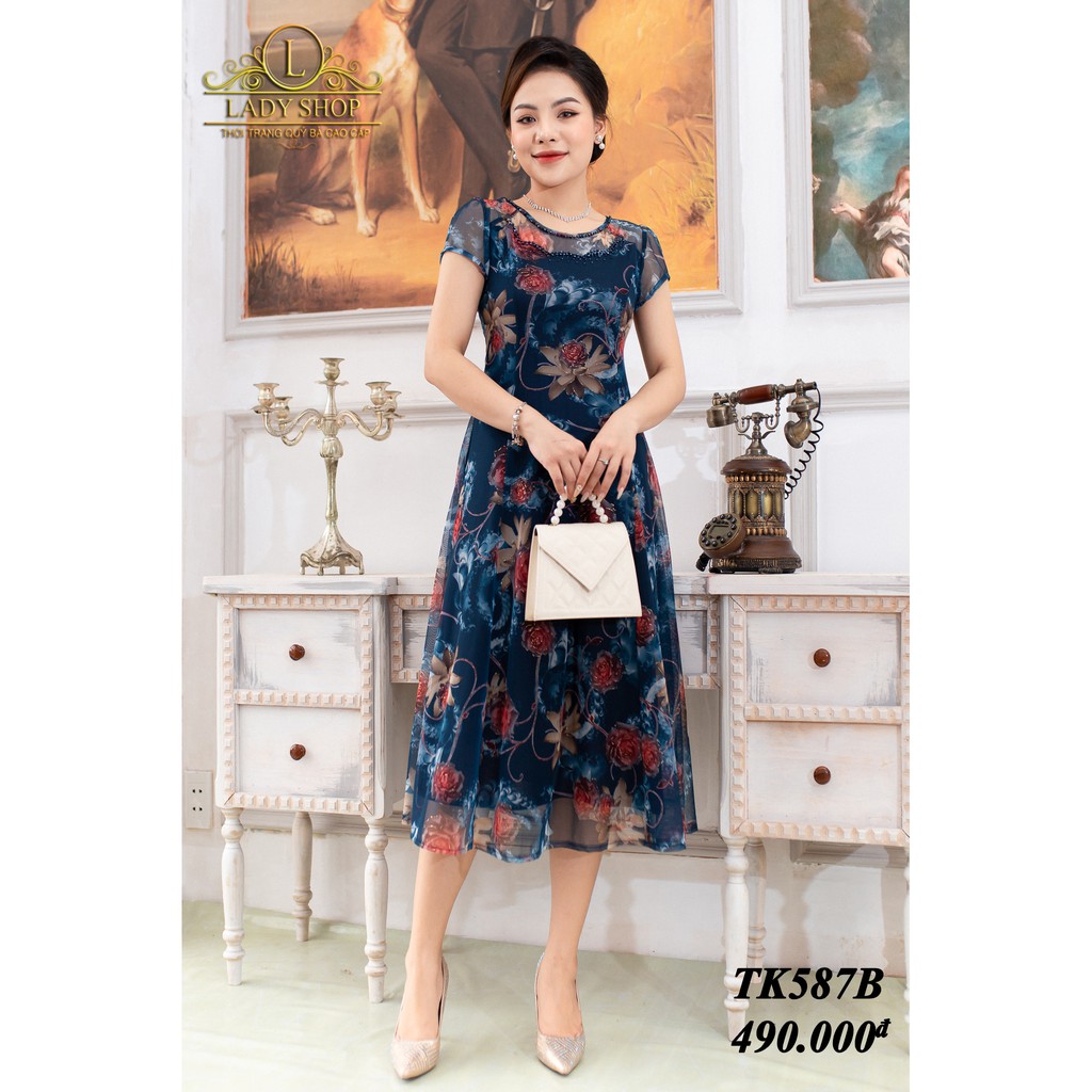 Váy Đầm thời trang trung niên cao cấp Ladyshop - đầm lưới hoa hồng cổ đá TK587