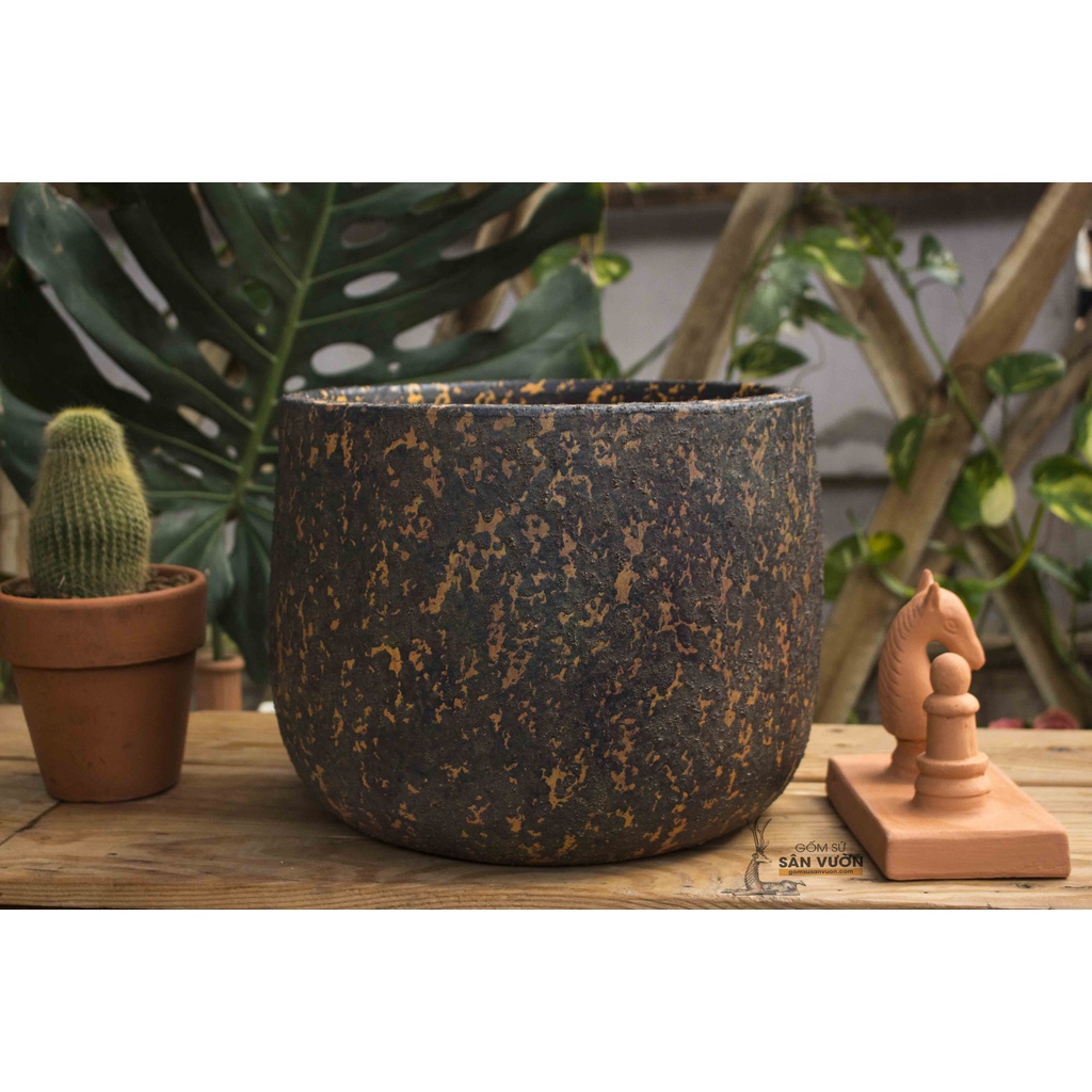 Chậu trồng cây gốm đất nung  DÁNG NỒI SƠN WAX MÀU XANH NHÁM D31xH26cm - gốm sứ sân vườn Bình Dương chất lượng cao