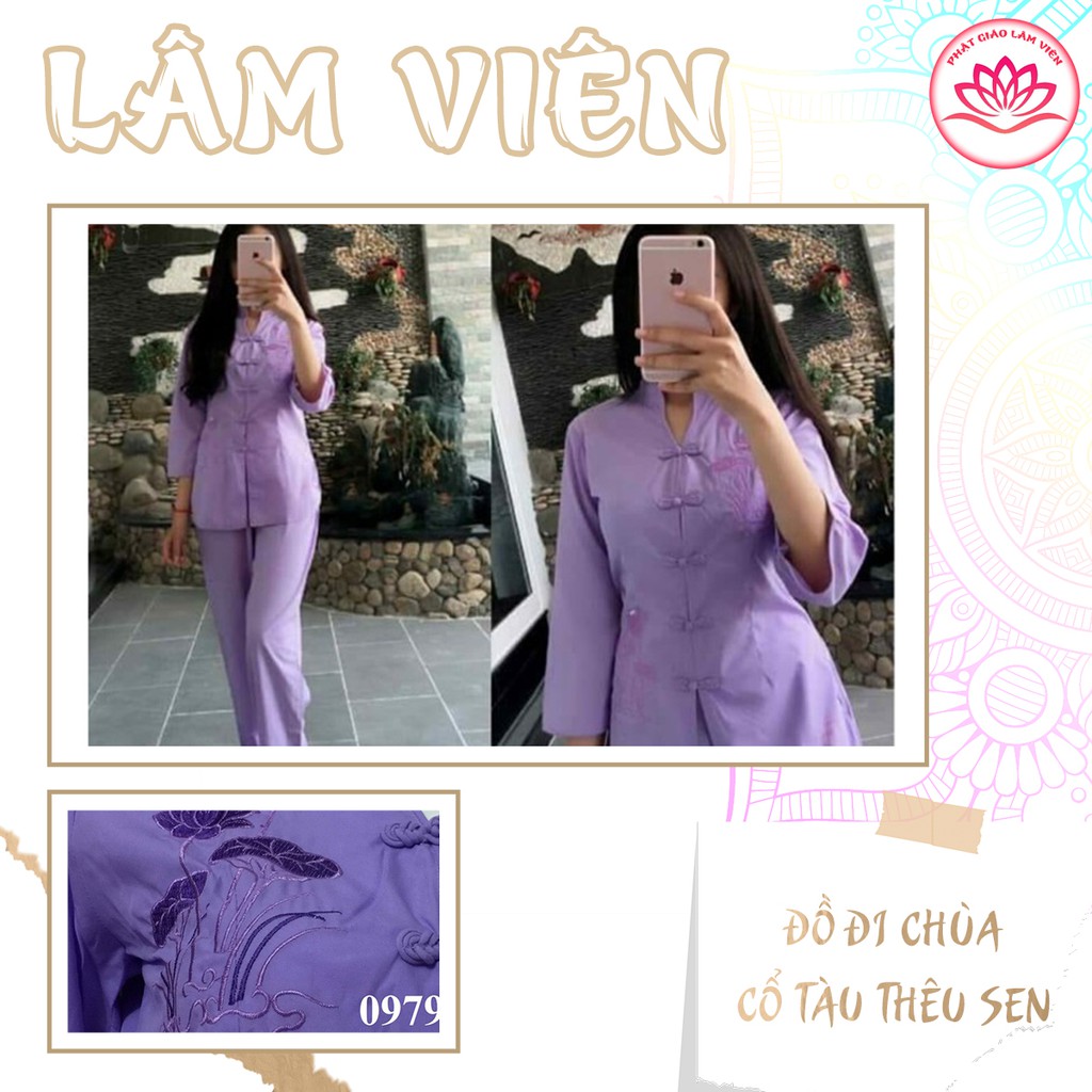 Bộ Quần Áo Đi Chùa, Quần Áo Phật Tử Cổ Tàu Thêu Sen Tím Chất Vải Dày Dặn Mịn Đẹp Mặc Thoải Mái Thoáng Mát