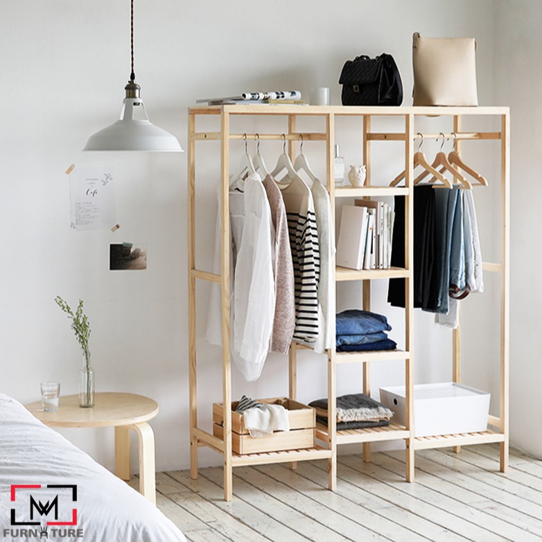 Tủ treo quần áo Triple Closet lắp ráp gỗ thông nhập khẩu thương hiệu MW FURNITURE màu gỗ