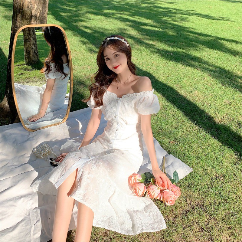 JANE'S  sẵn Đầm trễ vai trắng công chúa hoa nhí nổi Vintage trong sáng thuần khiết chất đẹp y hình J0088 feelback cuối | BigBuy360 - bigbuy360.vn