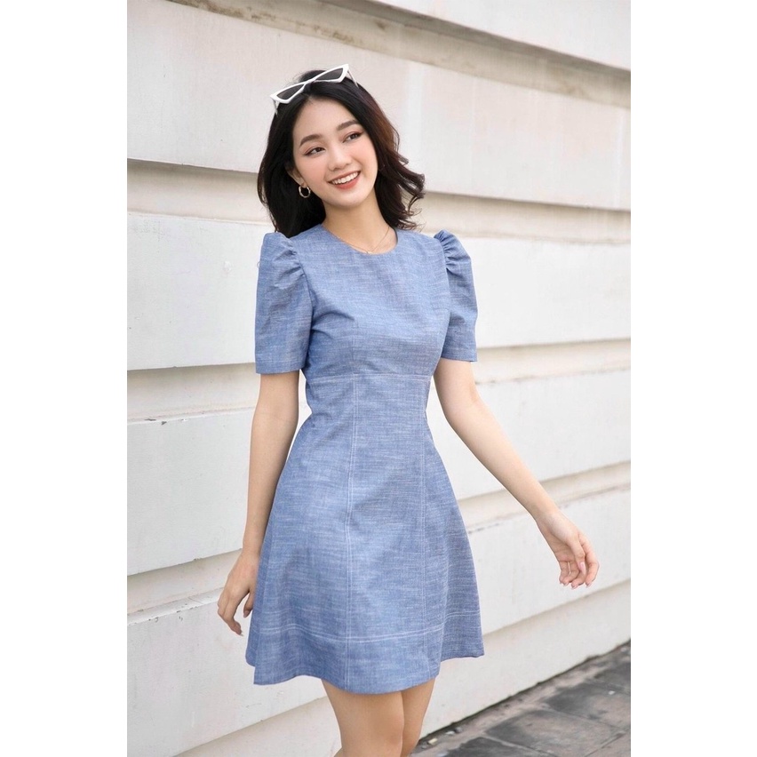 Đầm Xòe Công Sở Akara DT279 Dáng A Cổ Tròn Tay Phồng Màu Xanh Phù Hợp Dự Tiệc Dạo Phố | BigBuy360 - bigbuy360.vn