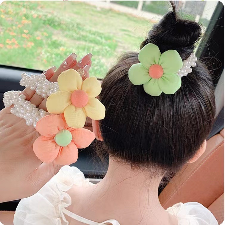 Dây Buộc Tóc Trang Trí Hoa Hướng Dương Đính Ngọc Trai Dễ Thương Cho Bé Gái