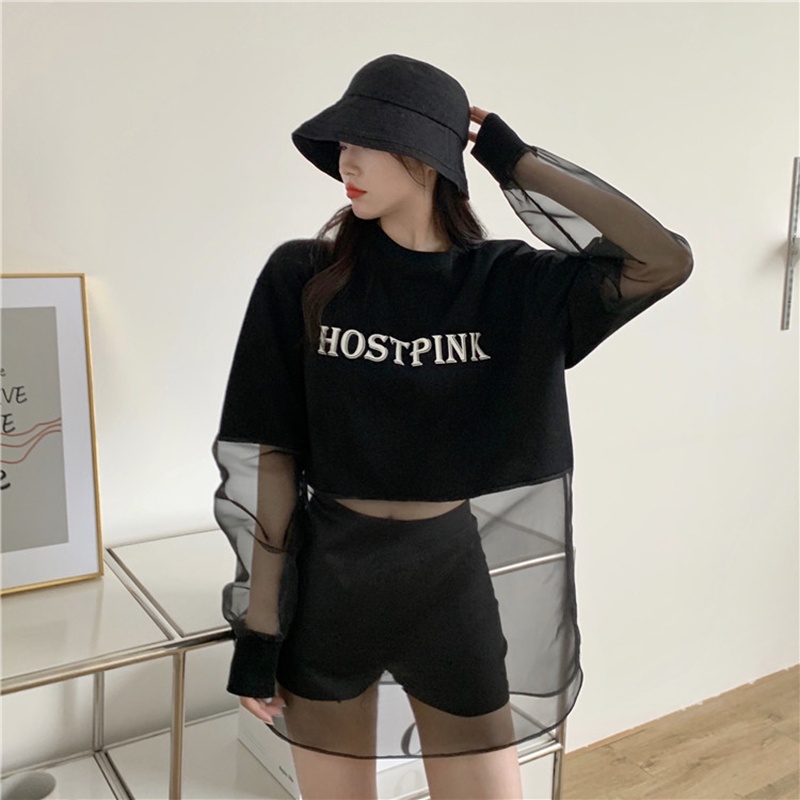 Áo tay dài dáng rộng cổ polo phối lưới phong cách thời trang Hàn Quốc