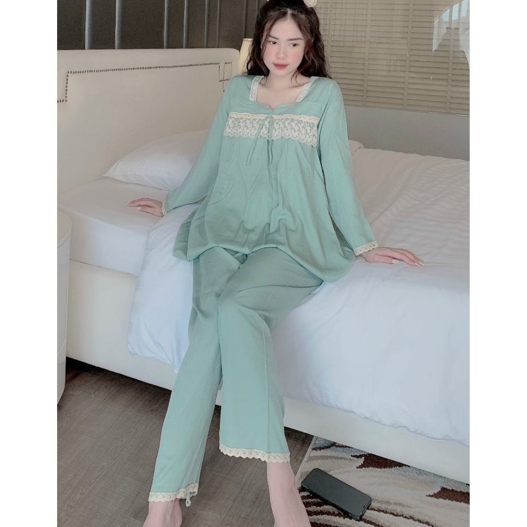 Bộ đồ bầu dài ren ngực kết hợp sau sinh M399 chất đũi thời trang thiết kế freesize từ 45 đến 70kg