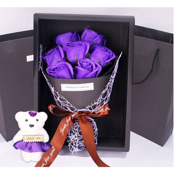 Hoa Hồng Sáp Thơm Bó 7 Bông Kèm Gấu .Tặng Người Yêu .Rất Lãng Mạng Có Hộp Sang Trọng