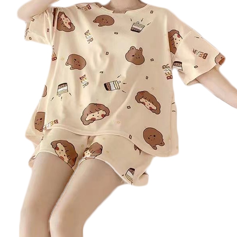 Bộ Đồ Ngủ 2 Món Áo Thun Tay Ngắn Phối Quần Short Cỡ Lớn In Hoạt Hình Dễ Thương Cho Nữ