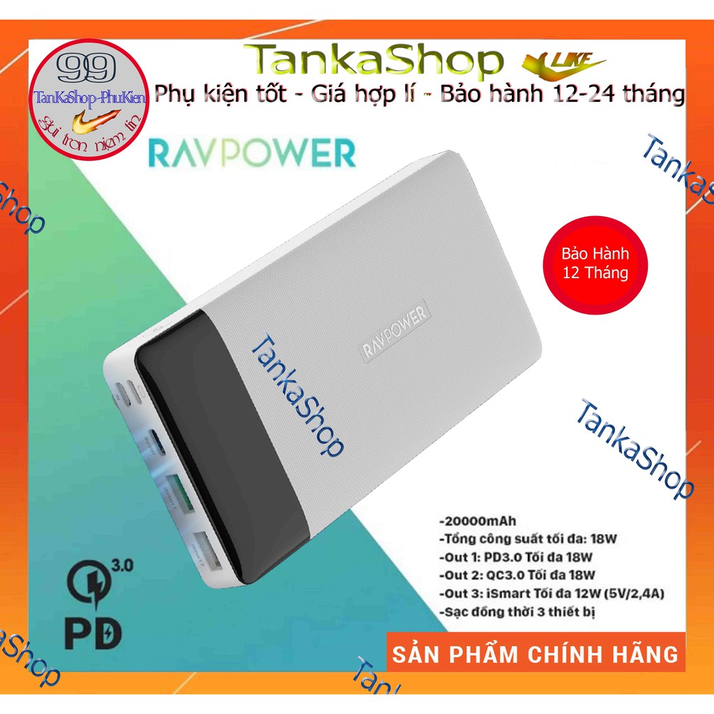 [Mã 267ELSALE hoàn 7% đơn 300K] Sạc Dự Phòng Ravpower RP-PB172 - 20000mah, PD 18W - Quick Charge 3.0 - Hàng Chính Hãng