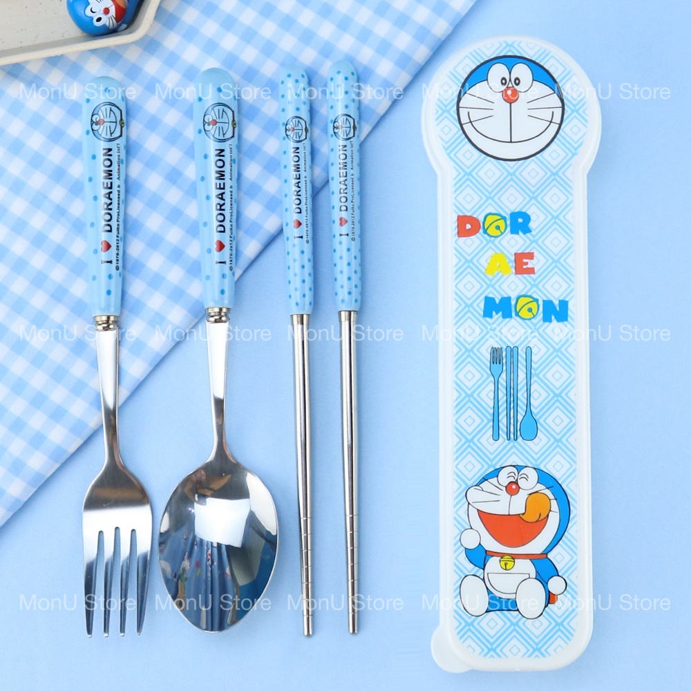 Bộ muỗng nĩa đũa cán sứ DORAEMON DOREMON dễ thương size người lớn