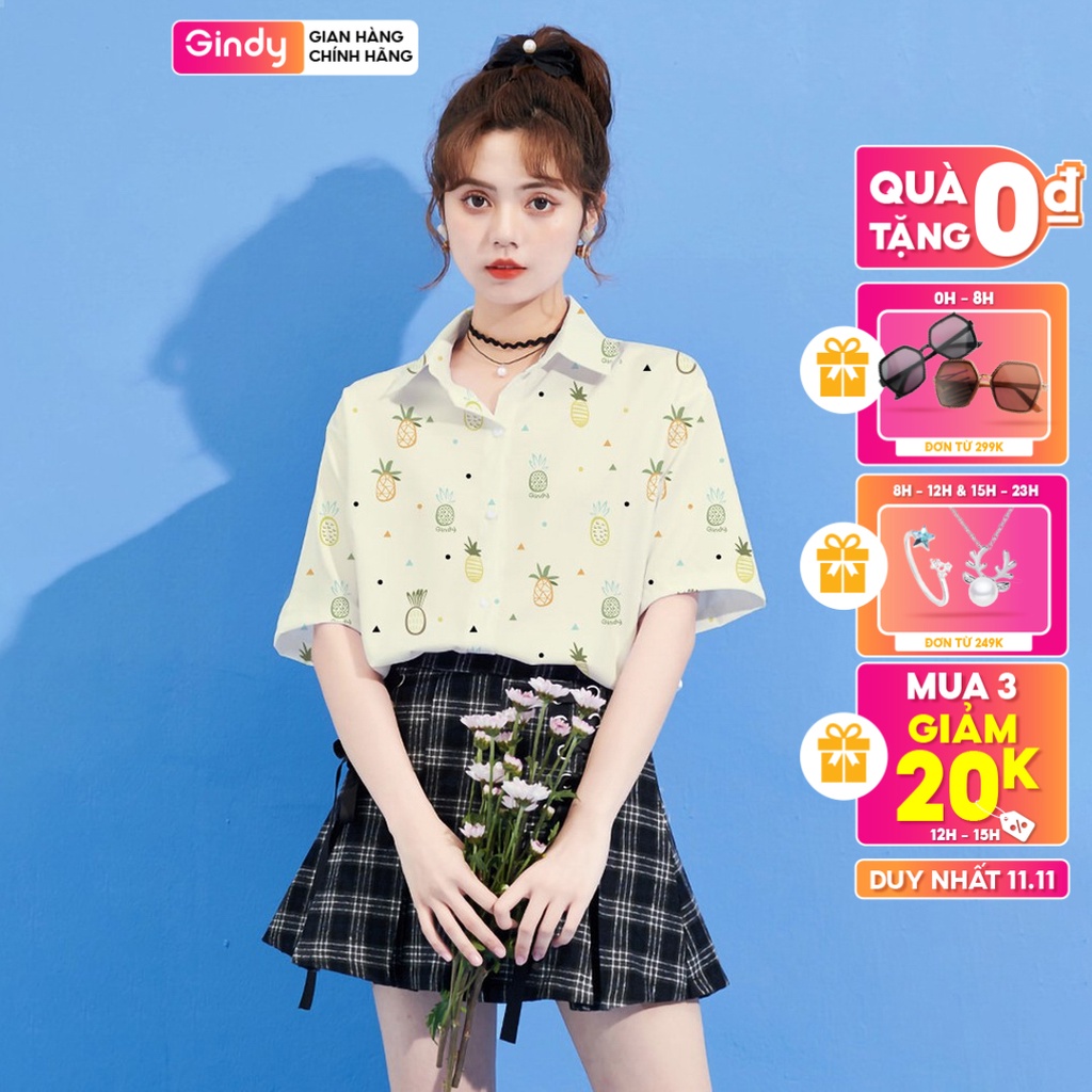 Áo sơ mi lụa nữ GINDY họa tiết quả dứa vui vẻ tay ngắn vải lụa ngọc trai mềm mát form rộng thời trang Hàn Quốc A5117