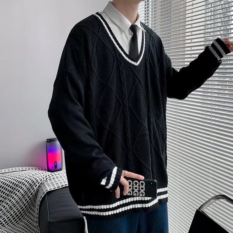 Áo sweater dệt kim tay dài cổ chữ V dáng rộng phong cách Nhật Bản cho nam