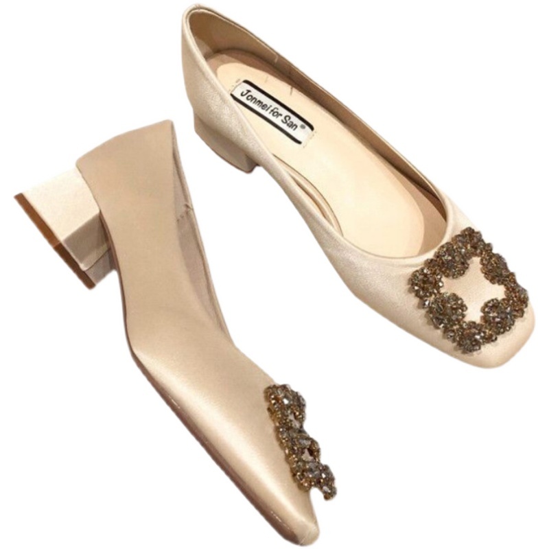 Giày Cao Gót 3Cm Mũi Vuông Đính Nơ Đính Đá Dành Cho Phù Dâu