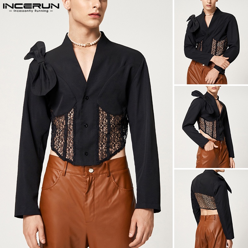 Áo sơ mi Incerun tay dài cổ chữ v cài nút họa tiết nơ bướm thời trang dự tiệc cho nam