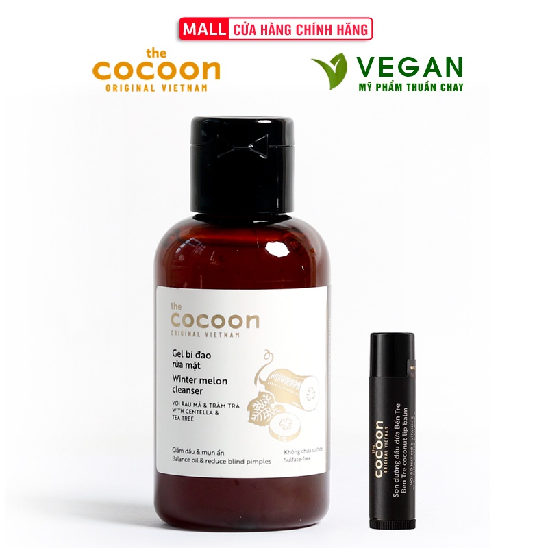 Combo Gel bí đao rửa mặt Cocoon 140ml + Son dưỡng môi dầu dừa bến tre cocoon 5g