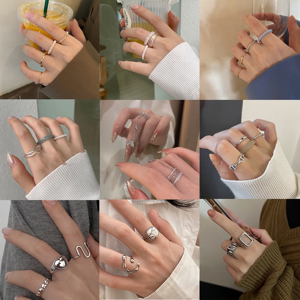 iF YOU Bộ nhẫn   màu bạc kiểu tdáng đa dạng phong cách Hàn Quốc xinh xắn cho nữ