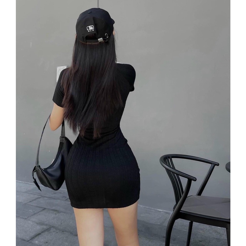 đầm body gân xương cá kiểu cổ bẻ phối nút