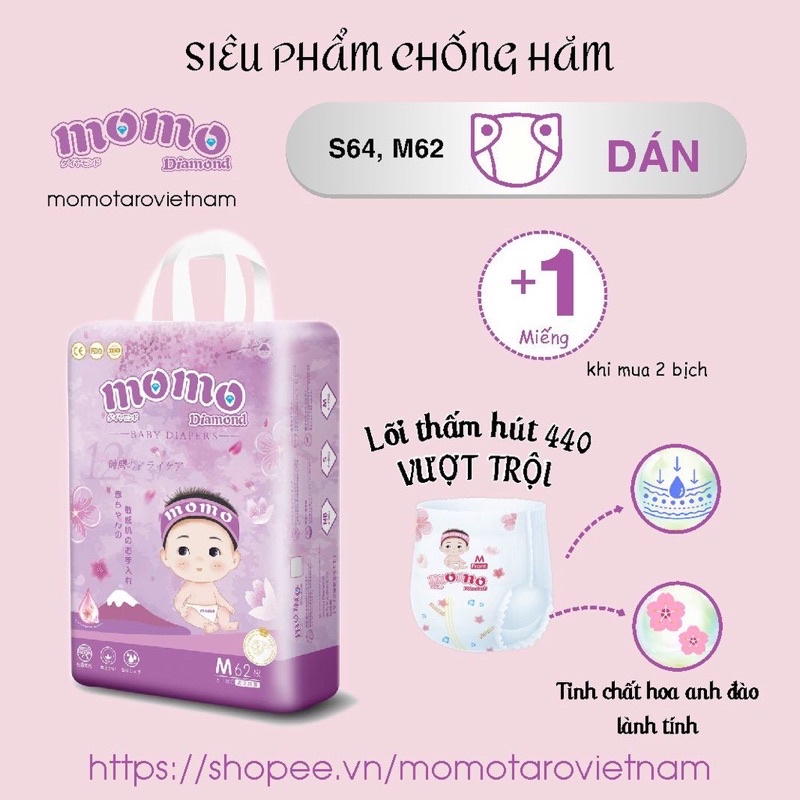 Bỉm MOMO DIAMOND hữu cơ cao cấp quần/dán size  S64/ M60/L54/XL50/XXL48/XXXL46