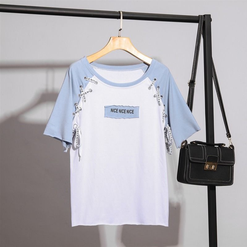 Set Áo Thun Ngắn Tay Cổ Tròn + Quần Short Denim Ống Rộng 2 Dây Màu Sắc Thời Trang Cho Nữ