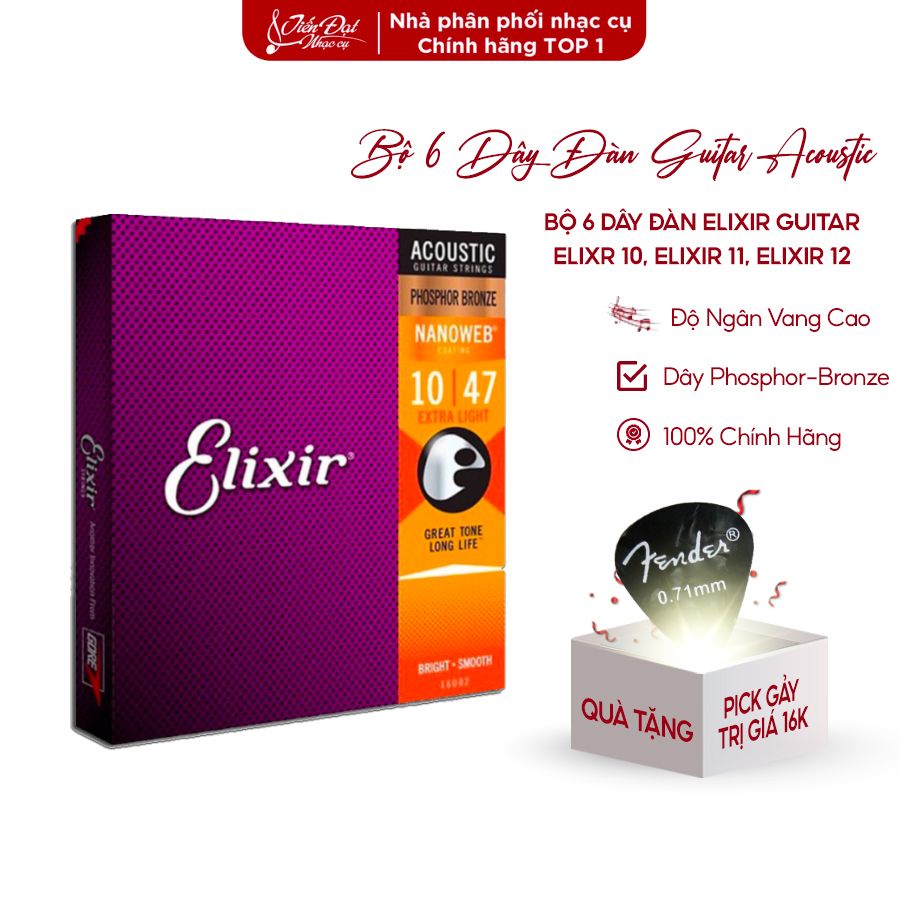 Dây Đàn Elixir Guitar Acoustic Chính Hãng Cao Cấp, ELIXR 10-16002, ELIXIR 11-16027, ELIXIR 12-16052