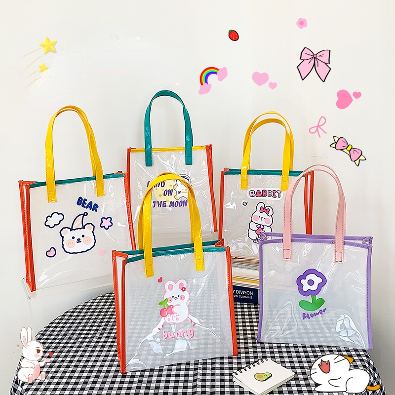 Túi Xách Bằng Nhựa PVC Trong Suốt Chống Thấm Nước In Hình Hoạt Hình Dễ Thương