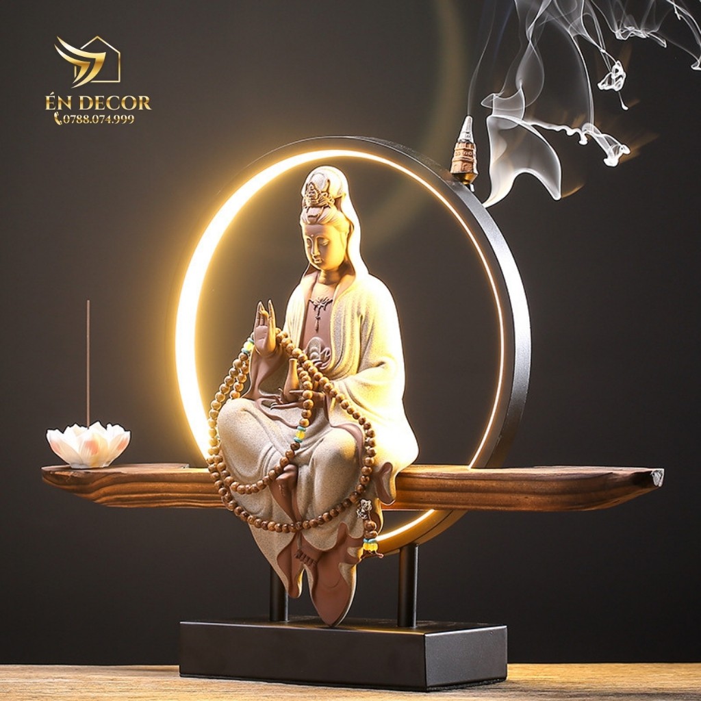 Tượng Phật Quan Âm Bồ Tát Có Đèn Led, Đốt Hương Trầm, Tượng Phật An Nhiên, Én Decor