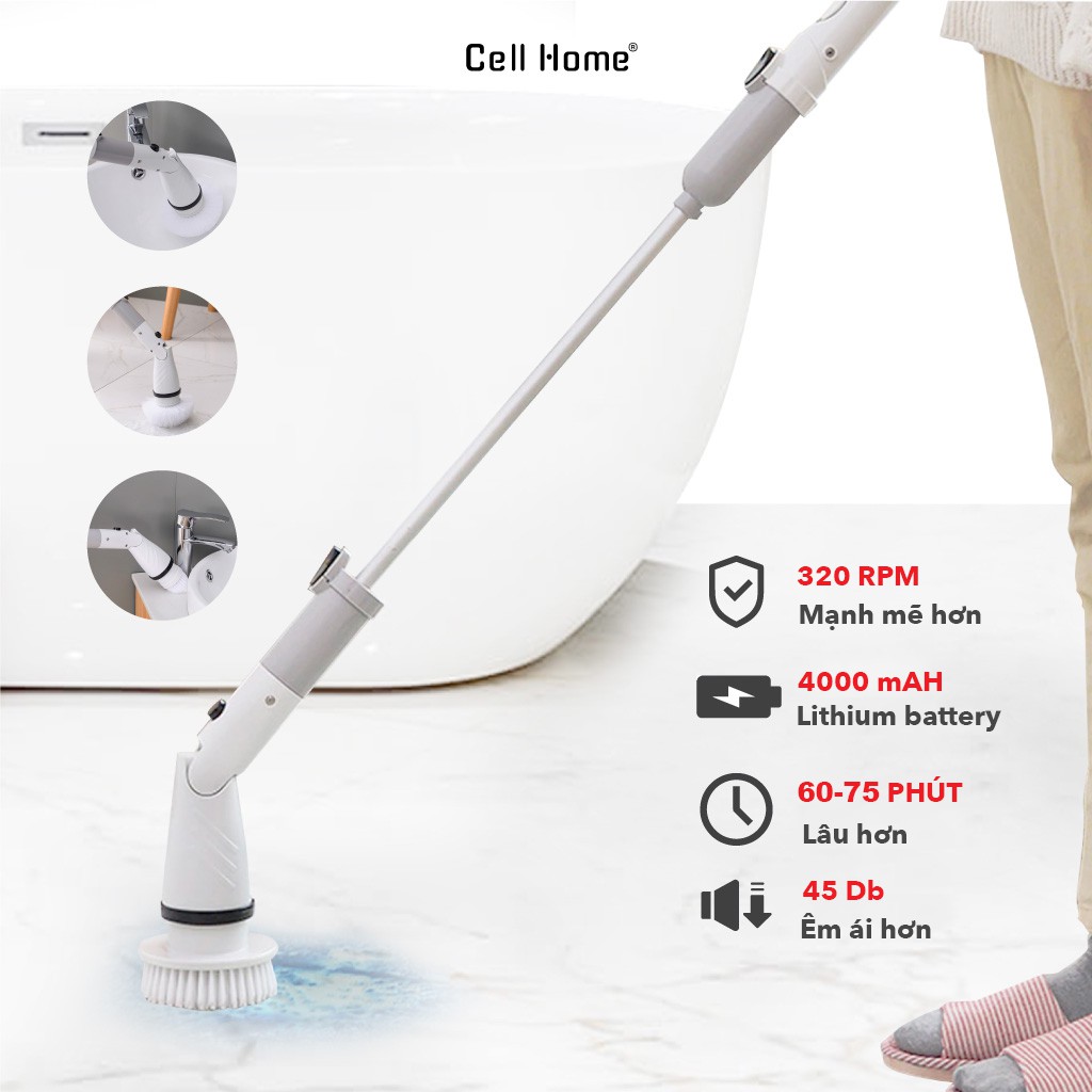Chổi cọ sàn nhà tắm tự động JESOPB 320rpm cực mạnh cây chà tường toilet không dây 4 đầu cọ xoay gập 90° tiện lợi