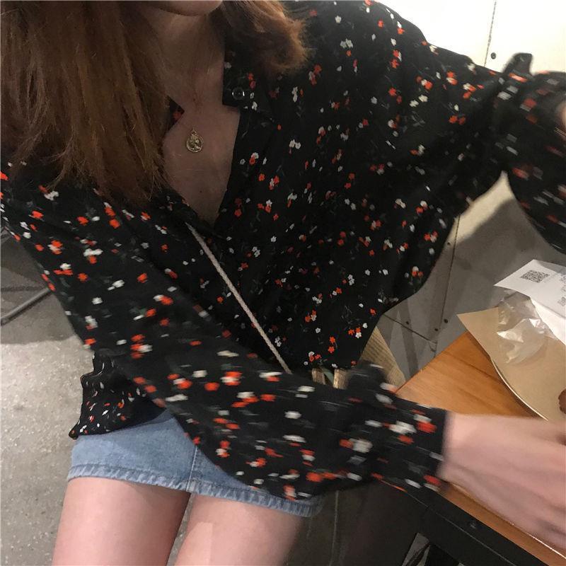 Áo Sơ Mi Chiffon Tay Dài Phồng Cổ Chữ V In Họa Tiết Hoa Phong Cách Hàn Quốc Dành Cho Nữ
