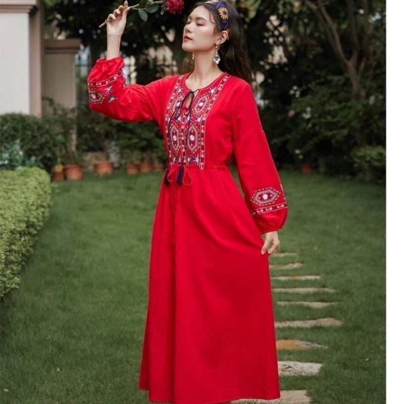 Váy Boho nữ hoạ tiết thêu dân tộc cổ điển hàng Quảng Châu