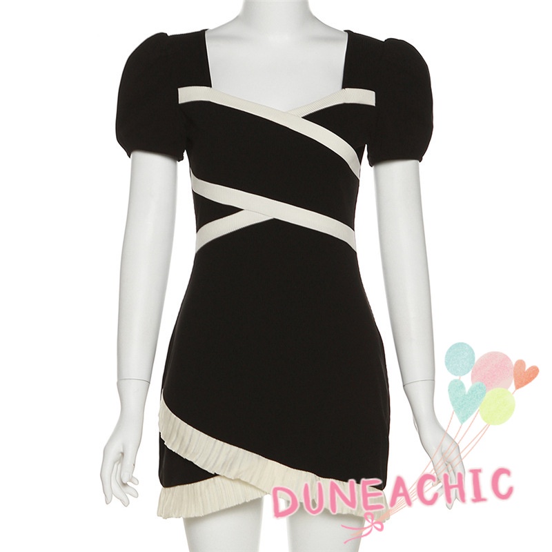 DUNEA Đầm Cổ Vuông Phối Màu Thời Trang Xinh Xắn Cho Nữ