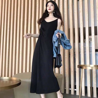 (Sẵn) Váy hai dây đen dáng dài / Đầm hai dây Quảng Châu ( có ảnh thật )
