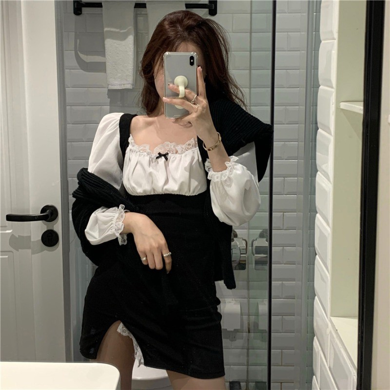 (ORDER) Váy cổ vuông phối 2 màu đen trắng ôm body xẻ tà phối ren sexy gợi cảm (new_arrivals)