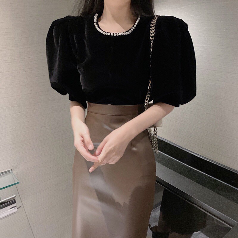 Áo nhung tuyết tay ngắn phồng cổ ngọc