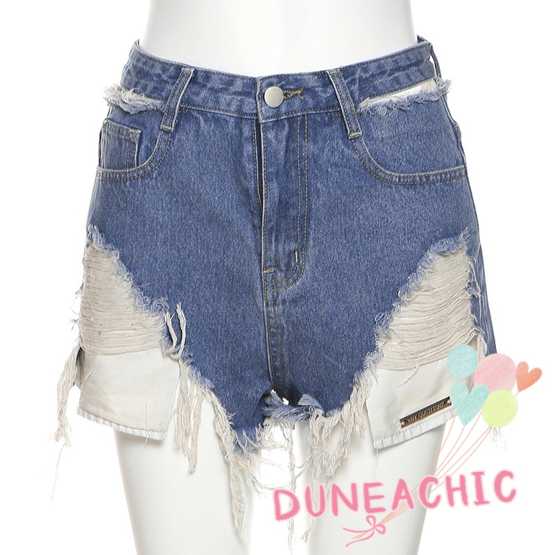 DUNEA Quần Short Denim Lưng Cao Phối Rách Kiểu Đường Phố Cá Tính Cho Nữ
