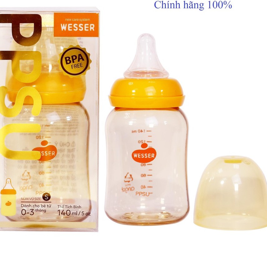 Bình Sữa và núm vú Wesser PPSU cao cấp cổ rộng,hẹp màu vàng chính hãng đủ size (60ml/140ml/180ml/250ml/260ml) cho bé