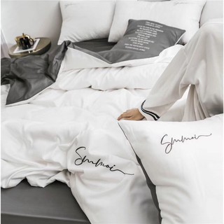 Sét chăn ga lụa tencel sumoi màu trắng phối xám