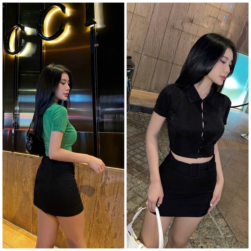 Set áo sơmi croptop nút bọc + Chân váy