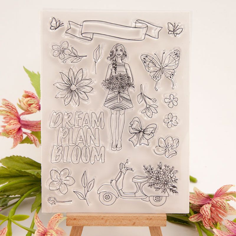 Con Dấu Silicone Trong Suốt Hình Cô Gái Và Hoa Trang Trí Scrapbook