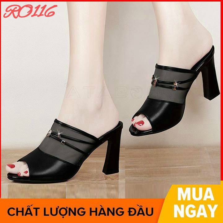 Giày cao gót nữ đẹp đế vuông 8 phân hàng hiệu rosata màu đen trắng ro116